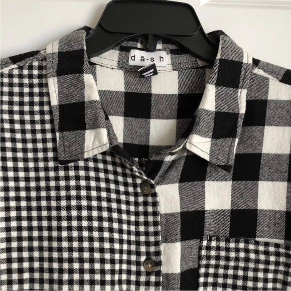 DA-SH WOMENS TOP SIZE 1X WHITE/BLACK PLAID BUTTON DOWN PATCHWORK LONG SLEEVE - Picture 6 of 7